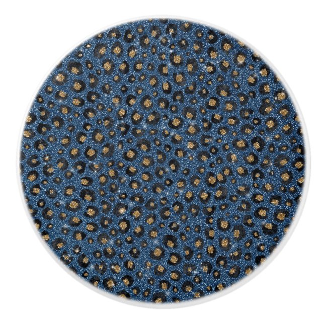 Elegant Blue Glitter Black Gold Leopard Print Ceramic Knob (Front)