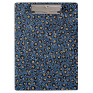 Elegant Blue Glitter Black Gold Leopard Print Clipboard