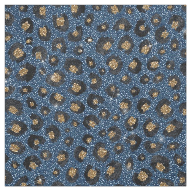 Elegant Blue Glitter Black Gold Leopard Print Fabric (Swatch)