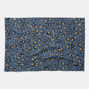 Elegant Blue Glitter Black Gold Leopard Print Kitchen Towel