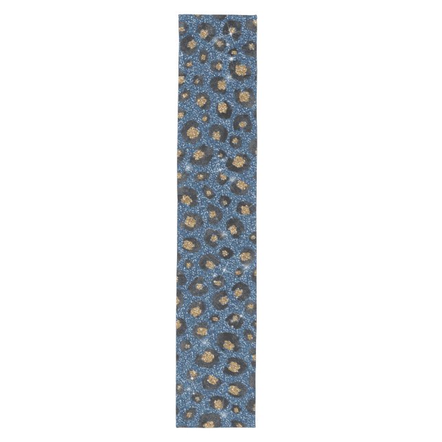 Elegant Blue Glitter Black Gold Leopard Print Medium Table Runner (Front)