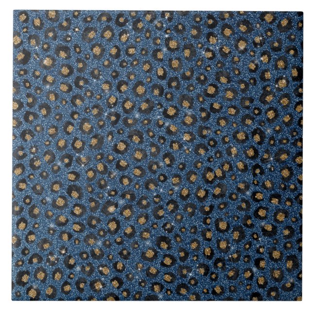 Elegant Blue Glitter Black Gold Leopard Print Tile (Front)