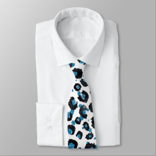 Elegant Blue Glitter Black Leopard Animal Print Tie