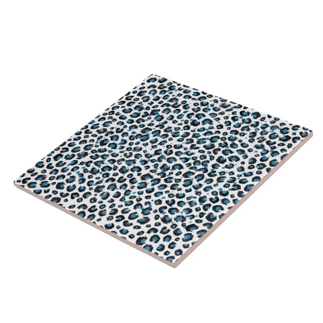 Elegant Blue Glitter Black Leopard Animal Print Tile (Side)