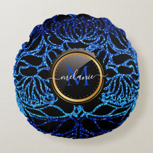 Elegant Blue Glitter Black Zebra Animal Print Round Pillow