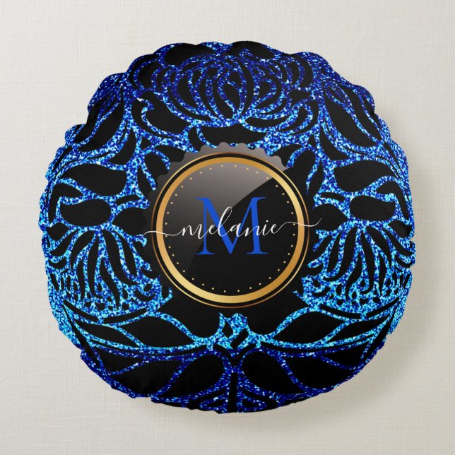 Elegant Blue Glitter Black Zebra Animal Print   Round Pillow (Front)