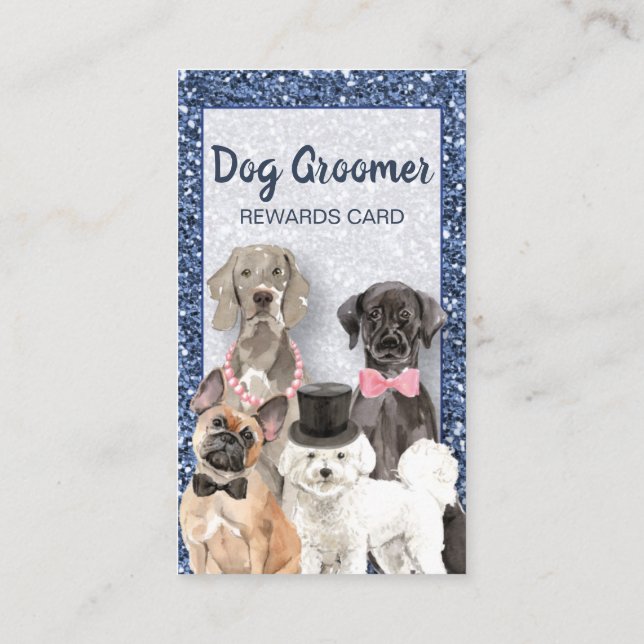 Elegant Blue Glitter Dog Grooming Loyalty Card (Back)