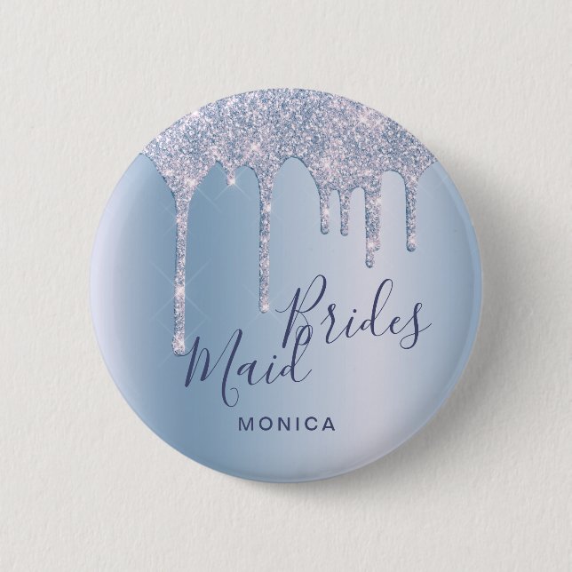 Elegant blue glitter drips bridesmaid 2 inch round button (Front)
