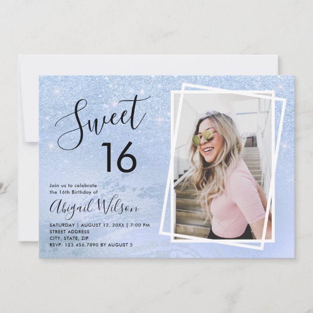 Elegant blue glitter sweet sixteen birthday party invitation (Front)