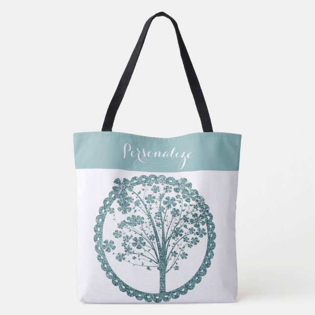 Elegant Blue Glitter Tree of Life Zen Yoga Tote Bag (Back)