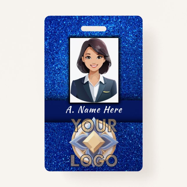 Elegant Blue Glitter Wedding Event Staff ID Name  Badge (Front)