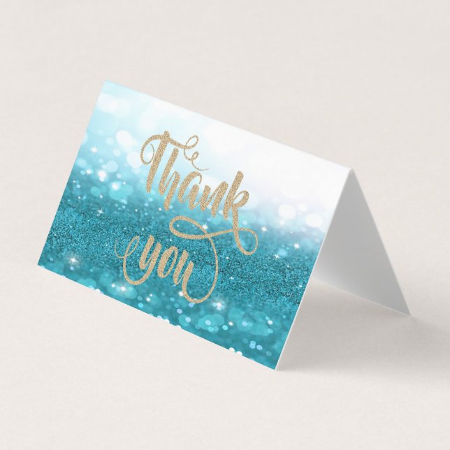 Elegant Blue  Glittery  Bokeh Thank You Card (Front)