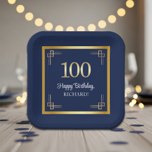 Elegant Blue Gold 100th Birthday Party Paper Plate