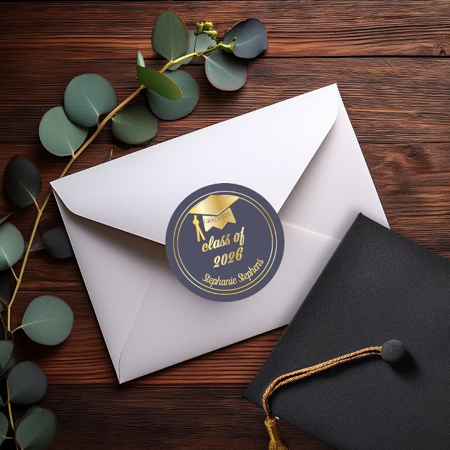 Elegant Blue | Gold 2023 Graduate Cap Graduation Classic Round Sticker (Elegant Blue and Gold Tone Grad Cap Graduation Class of 2026 Classic Round Stickers)