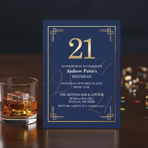 Elegant Blue Gold 21st Birthday Party Invitation