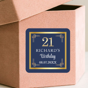 Elegant Blue Gold 21st Birthday Party Square Sticker