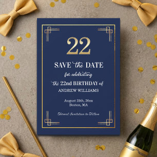 Elegant Blue Gold 22nd Birthday Party Save The Date