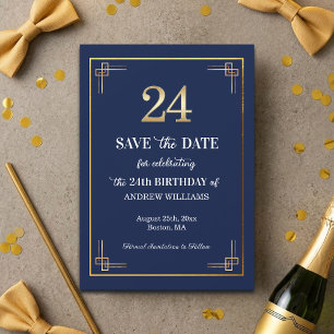 Elegant Blue Gold 24th Birthday Party Save The Date