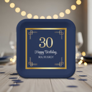 Elegant Blue Gold 30th Birthday Party Paper Plate