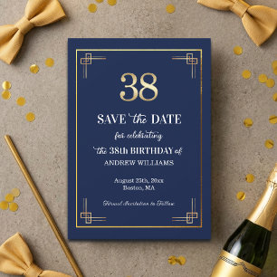 Elegant Blue Gold 38th Birthday Party Save The Date