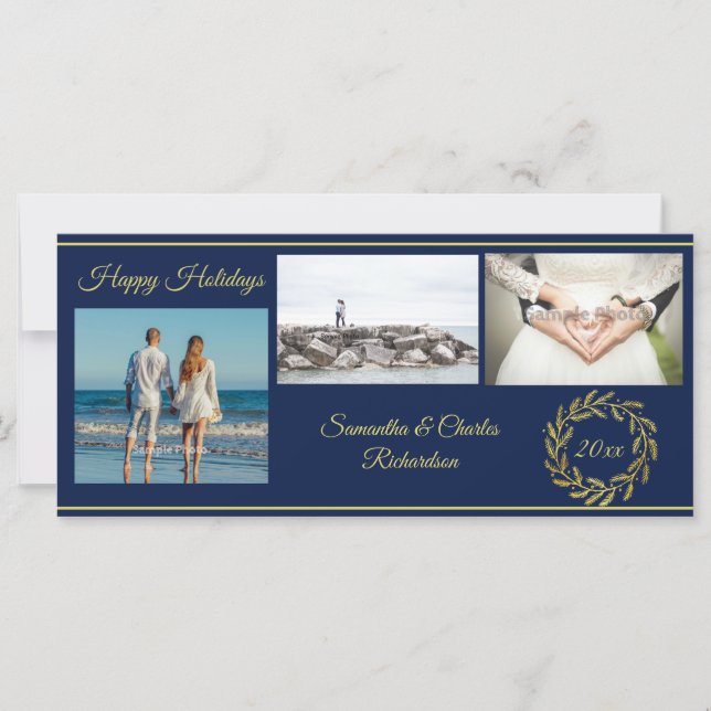 Elegant Blue Gold 3 Photo Holiday Card (Front)