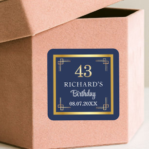 Elegant Blue Gold 43rd Birthday Party Square Sticker