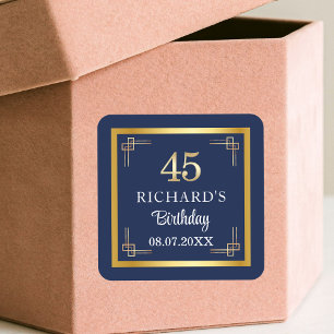 Elegant Blue Gold 45th Birthday Party Square Sticker