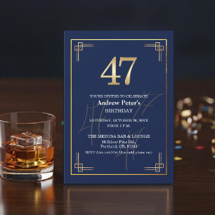 Elegant Blue Gold 47th Birthday Party Invitation