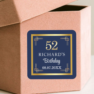 Elegant Blue Gold 52nd Birthday Party Square Sticker