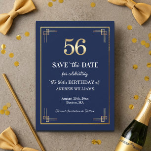Elegant Blue Gold 56th Birthday Party Save The Date