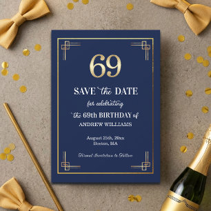 Elegant Blue Gold 69th Birthday Party Save The Date