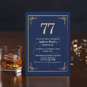 Elegant Blue Gold 77th Birthday Party Invitation