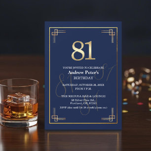 Elegant Blue Gold 81st Birthday Party Invitation