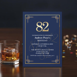 Elegant Blue Gold 82nd Birthday Party Invitation