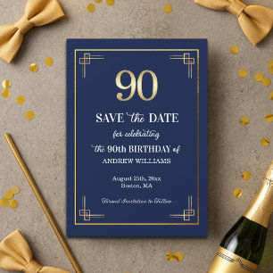 Elegant Blue Gold 90th Birthday Party Save The Date