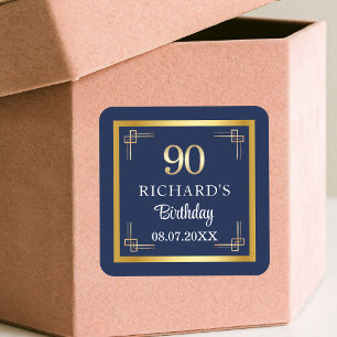 Elegant Blue Gold 90th Birthday Party Square Sticker
