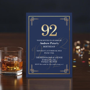 Elegant Blue Gold 92nd Birthday Party Invitation