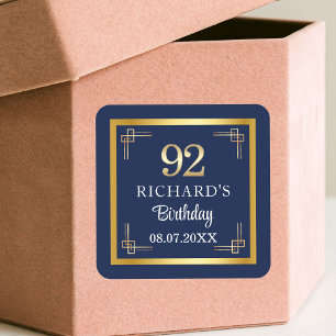 Elegant Blue Gold 92nd Birthday Party Square Sticker