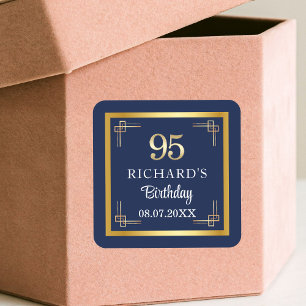 Elegant Blue Gold 95th Birthday Party Square Sticker