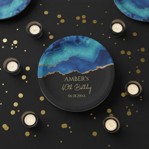 Elegant Blue Gold Abstract Marble Design Paper Plate
