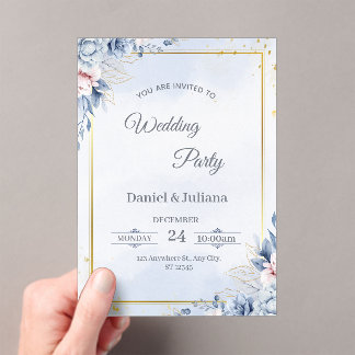 Elegant Blue & Gold Acrylic Wedding Invitation