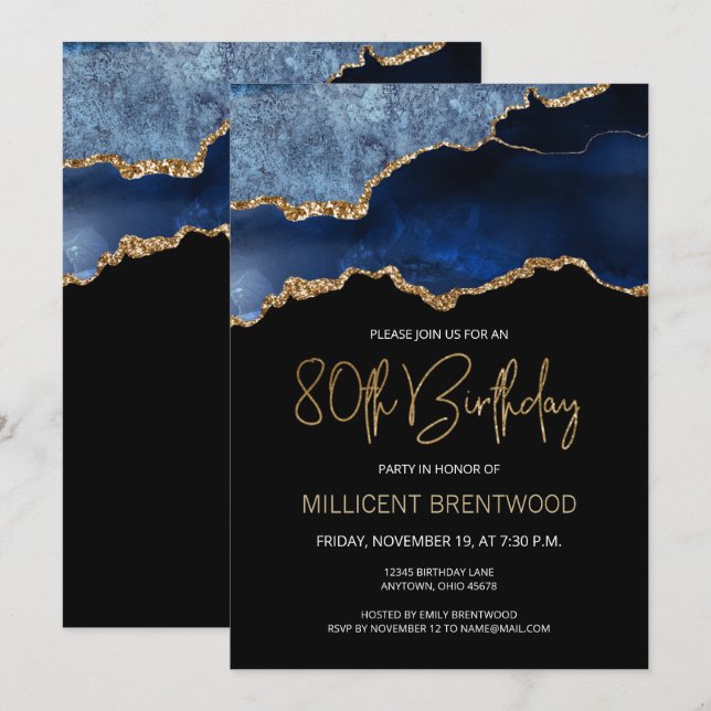 Elegant Blue Gold Agate 80th Birthday Invitation (Front/Back)