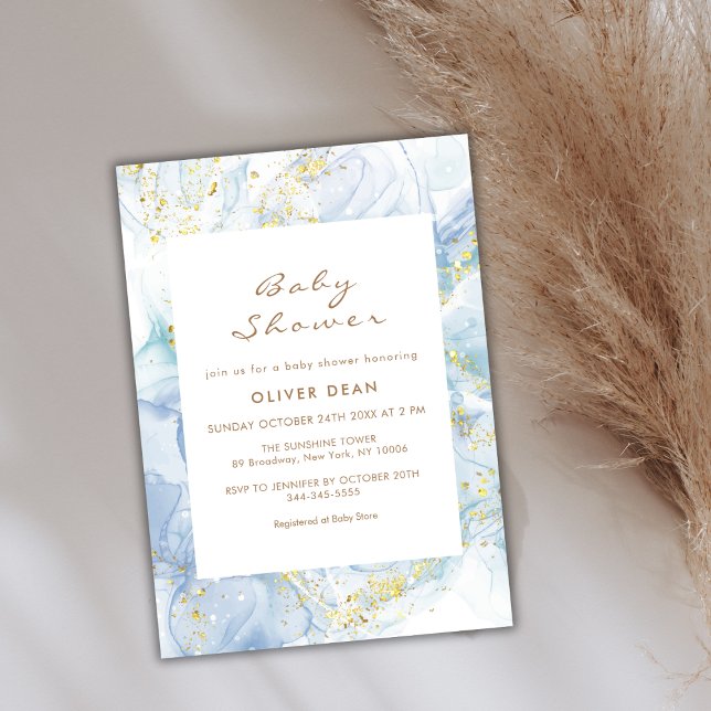 Elegant Blue Gold Agate Boy Baby Shower Invitation (Elegant Blue Gold Agate Boy Baby Shower Invitation)