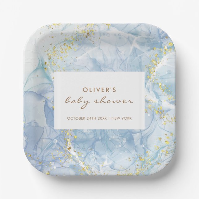 Elegant Blue Gold Agate Boy Baby Shower  Paper Plate (Front)