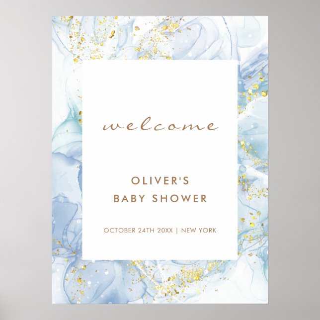 Elegant Blue Gold Agate Boy Baby Shower Welcome  Poster (Front)