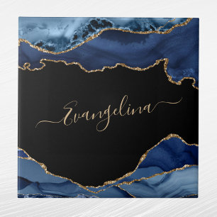 Elegant Blue Gold Agate Script Name Tile