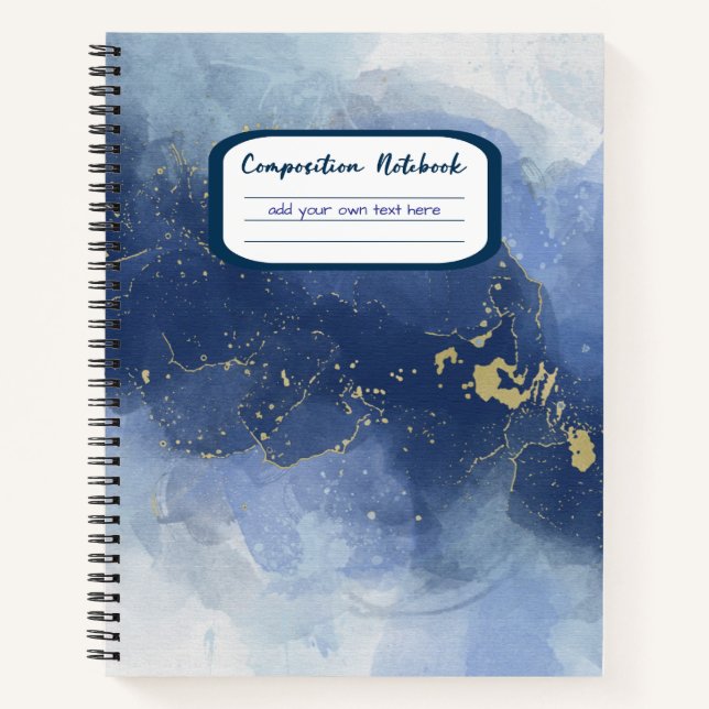 Elegant Blue Gold Alcohol Ink Style Composition Notebook (Front)