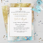 Elegant Blue Gold and Silver Celestial Bat Mitzvah Invitation<br><div class="desc">Delight friends and family with this beautiful and elegant Bat Mitzvah invitation! Design with delicate watercolor and ink celestial background in blue, aqua, gold and silver hues with dainty sparkly stars and gold speckles. Ability to add your ceremony and reception, luncheon, dinner or party details! Ideal for blue and gold...</div>