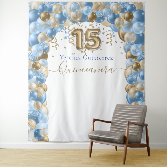 Elegant Blue Gold Balloon Arch Quinceanera Tapestry (In Situ)