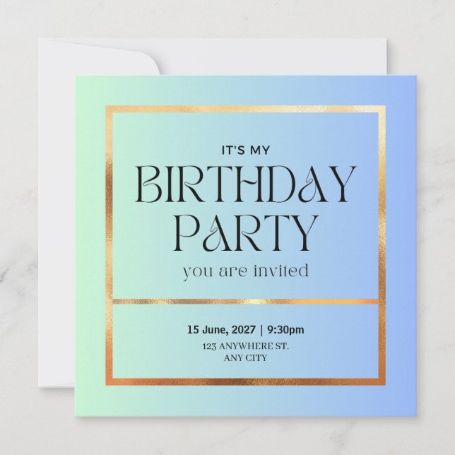 Elegant Blue & Gold Birthday Invitation (Front)